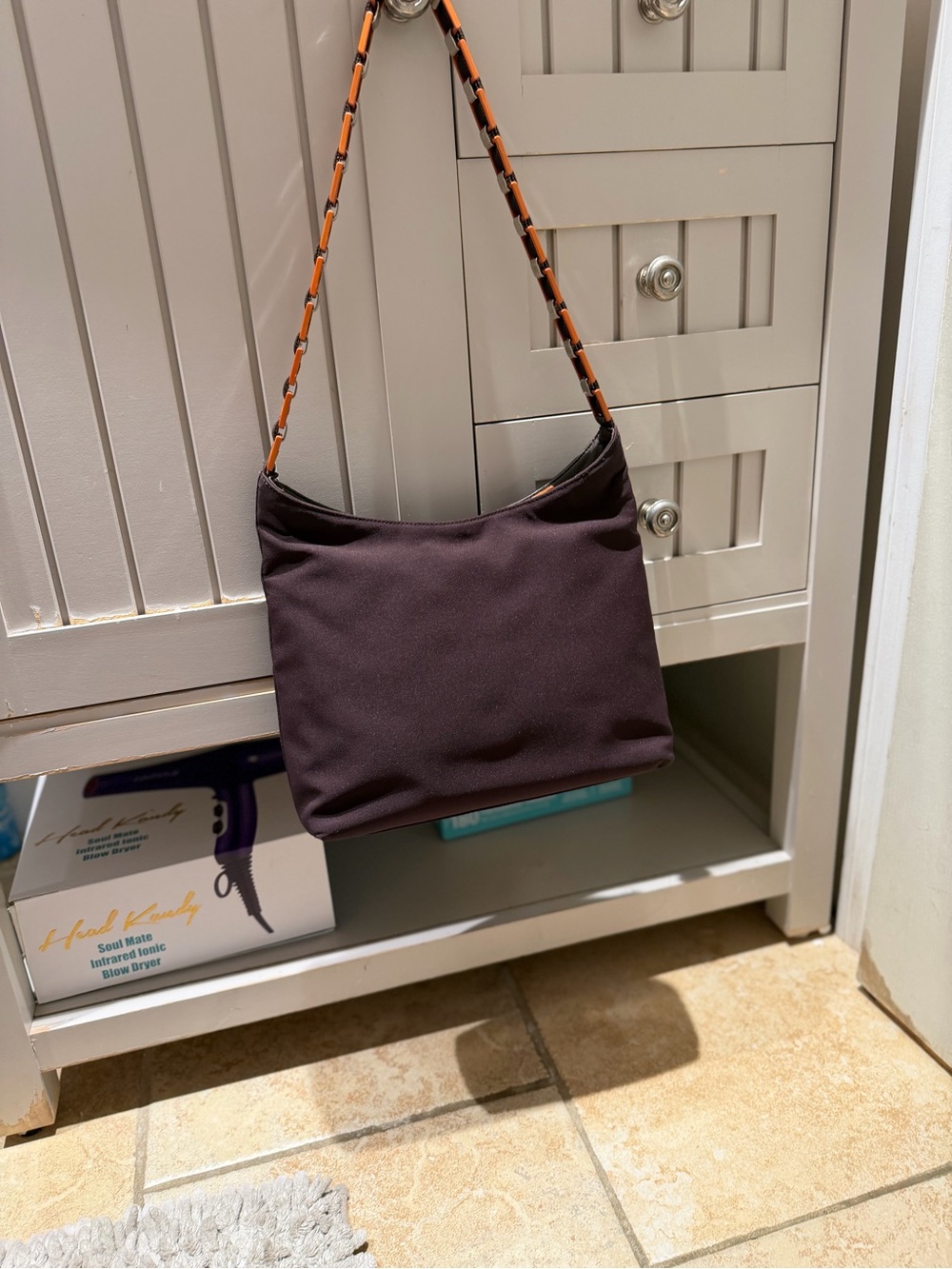 Salvatore Ferragamo Nylon Shoulder Tote Bag with Plastic Chain Strap EUC Brown - Picture 7 of 15